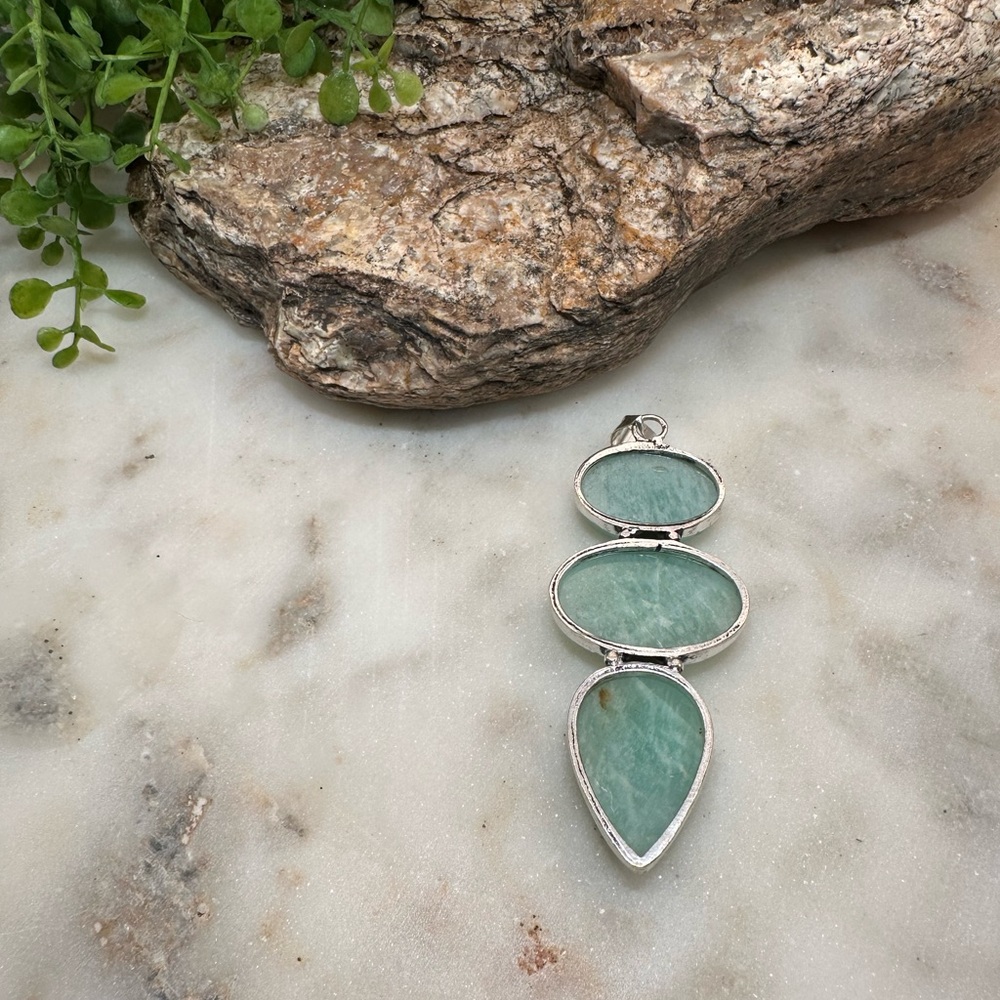 Amazonite Gemstone Blue 925 Sterling Silver Large Pendant Three Stones - Picture 4 of 8